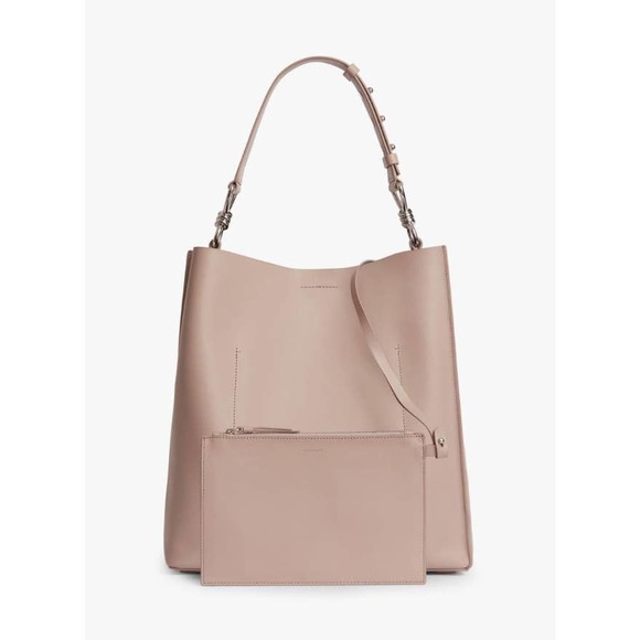 All Saints Handbags - ALLSAINTS Captain Leather North South Tote Bag Sand Beige Large with Zip Pouch